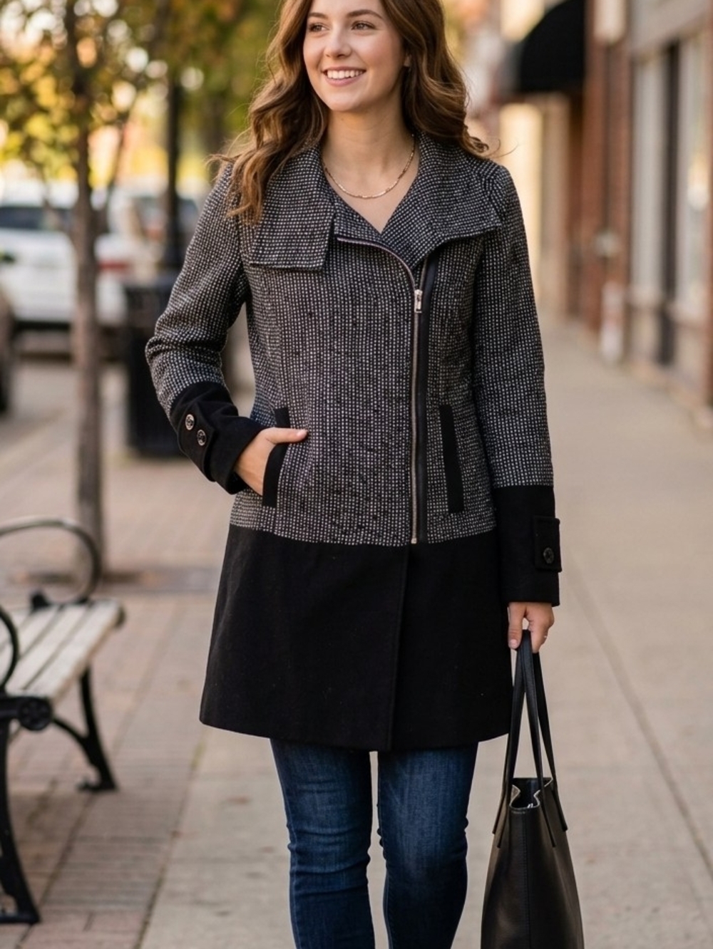 Tweed & Faux Leather Accent Moto Coat | Size Large